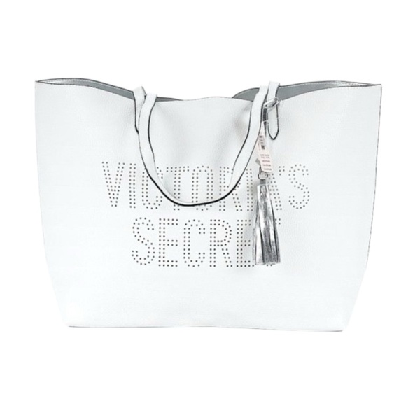 NWT Victoria’s Secret White Faux Leather Tote with Perforated Logo Tassel Accent - Picture 1 of 14